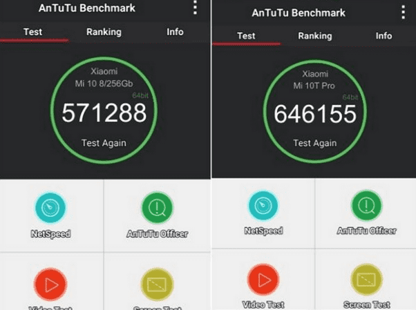 Сравнение мощности по тесту АнТуТу смартфонов Ми 10 и Ми 10Т Про